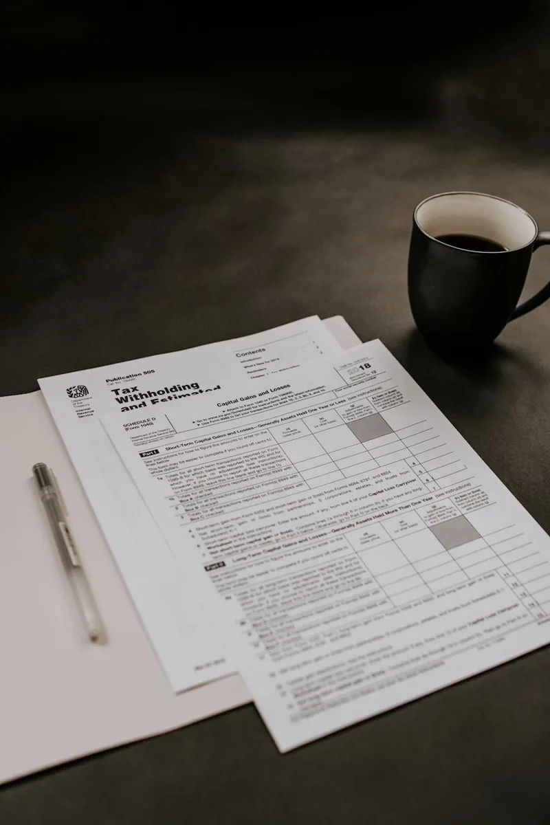 Mesa de trabalho com documentos financeiros e uma chávena de café