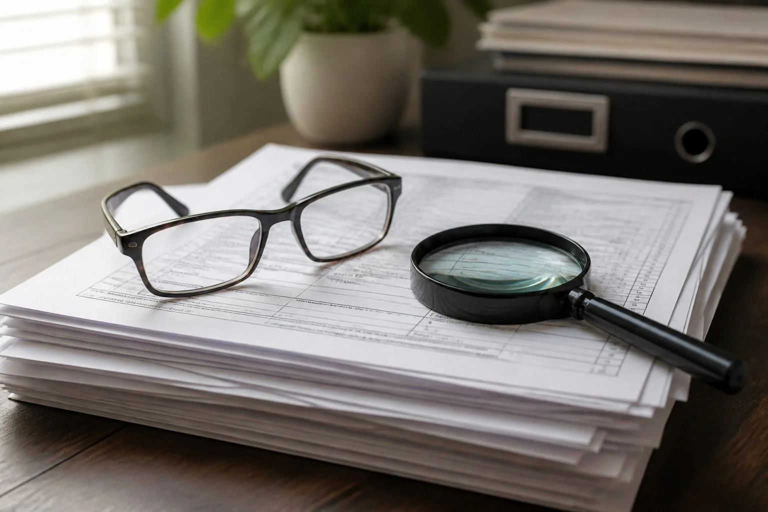 Óculos e lupa sobre documentos