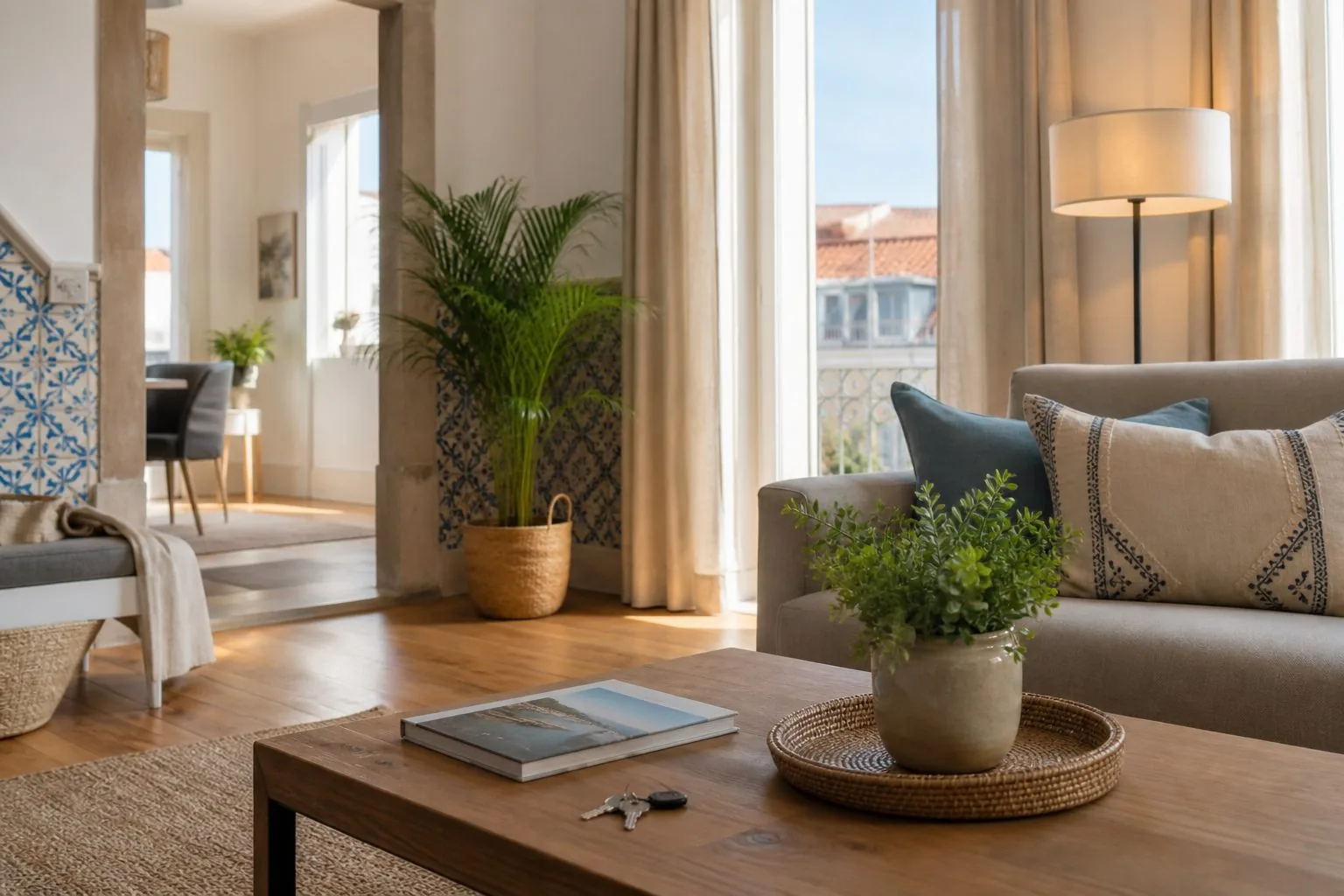 Sala de estar com sofá e planta